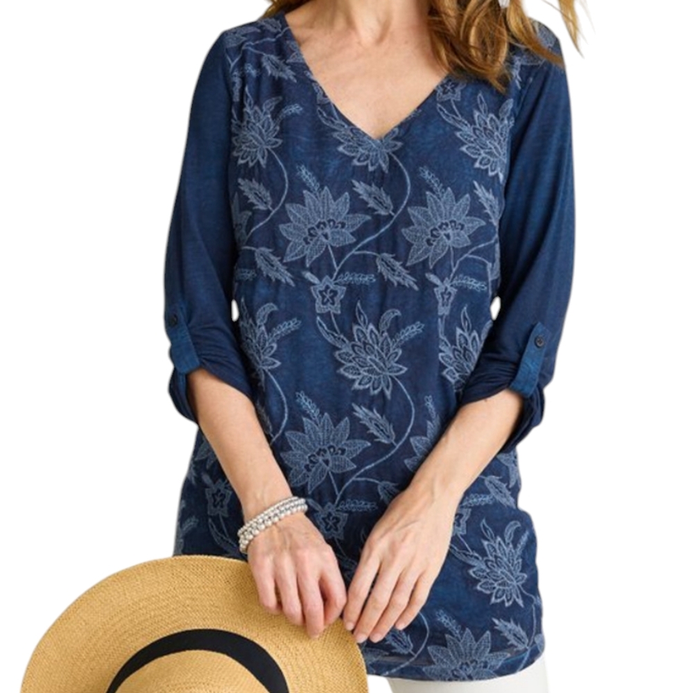 NWT Soft Surroundings Embroidered Floral Pull Tab Cotton Stretch Tunic Top
